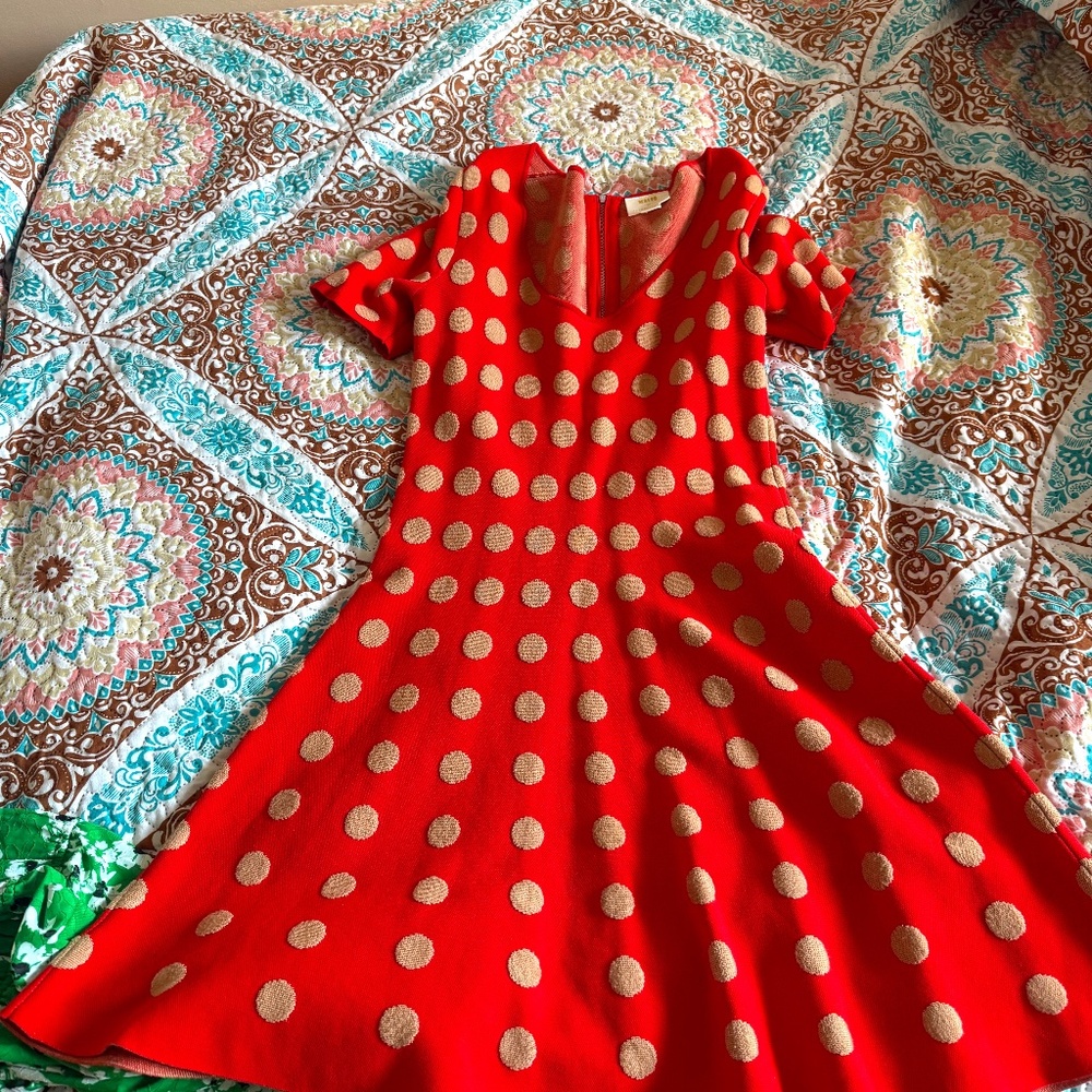 Mauve (Anthropologie) Red and ivory polka dot sweater dress, size medium